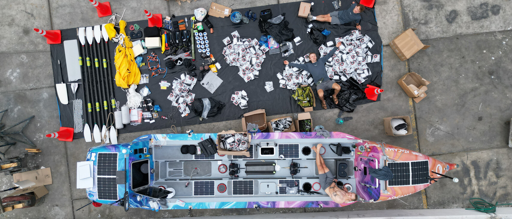 The Maclean brothers prepare their equipment and rowboat for an ocean crossing (top view)